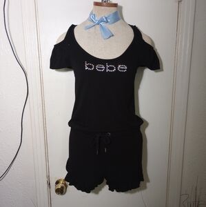 bebe Black Cold Shoulders Drawstring Waistline Romper with Rhinestones Size XS